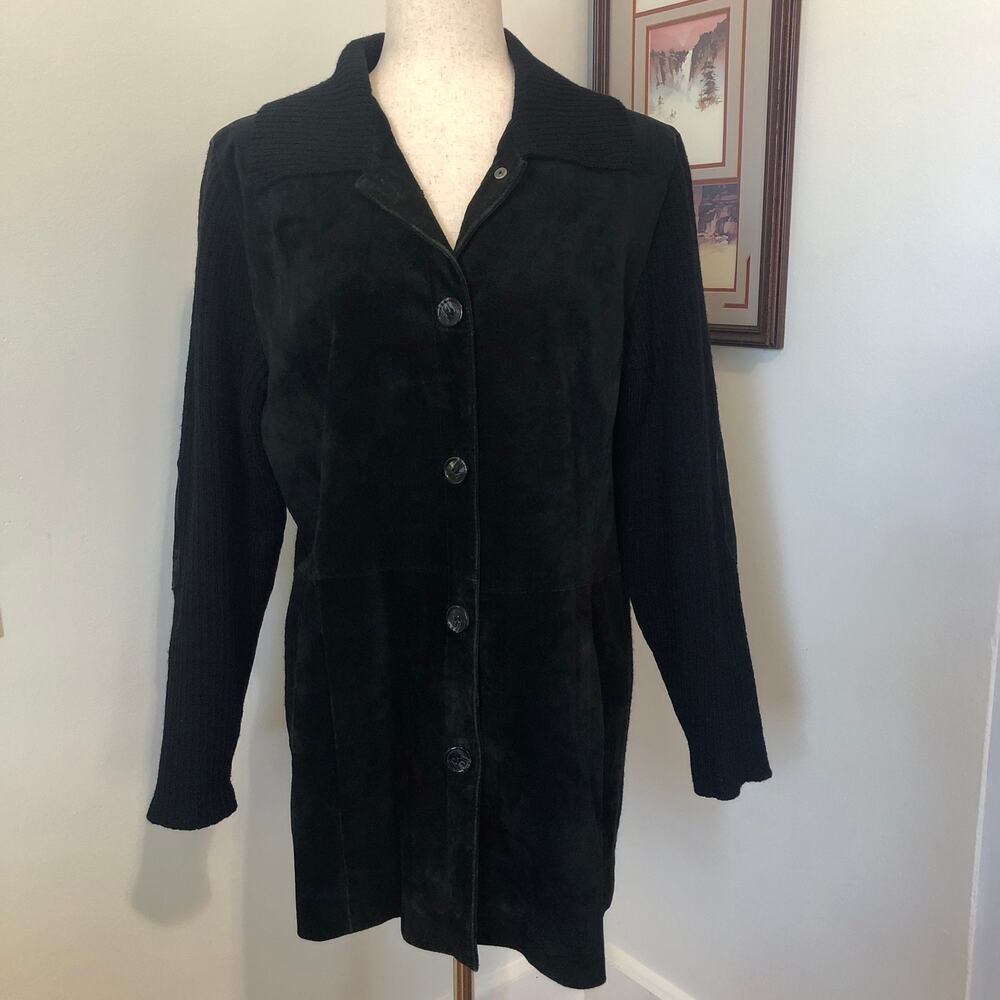 Vintage Y2K Terry Lewis Classic Luxuries‎ Black Leather Wool Knit Jacket Suede L